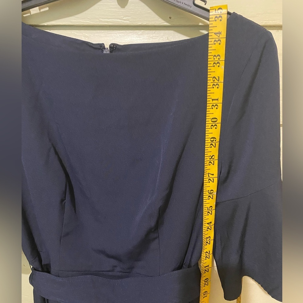 Eliza J Silky Navy Blue Dress Bell Sleeve Sheath Belted Pockets Preppy Office - Picture 11 of 16